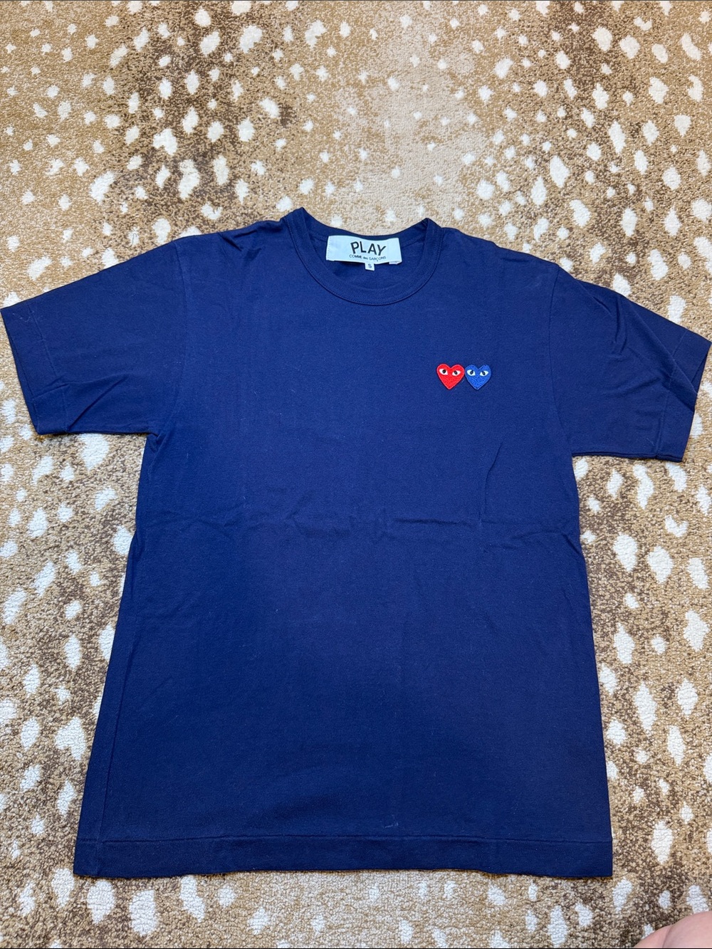 Comme des Garçons PLAY Navy Tee with Red & Blue Heart Logos